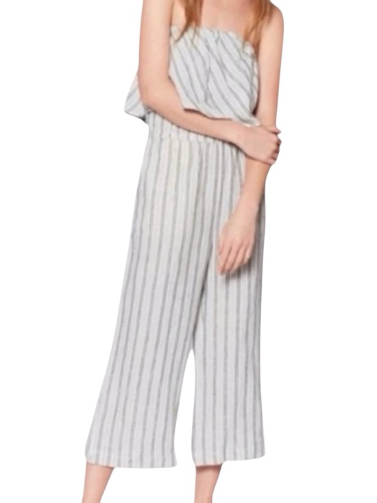 Joie Pants - JOIE Brogan Linen Striped Strapless Wide Leg Jumpsuit in Green/Ivory Size Small